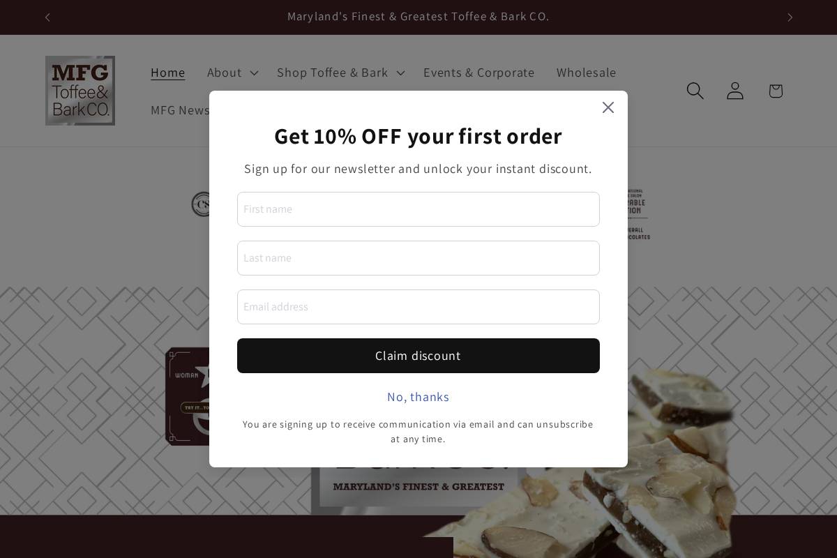 mfgtoffeebarkco.com homepage screenshot