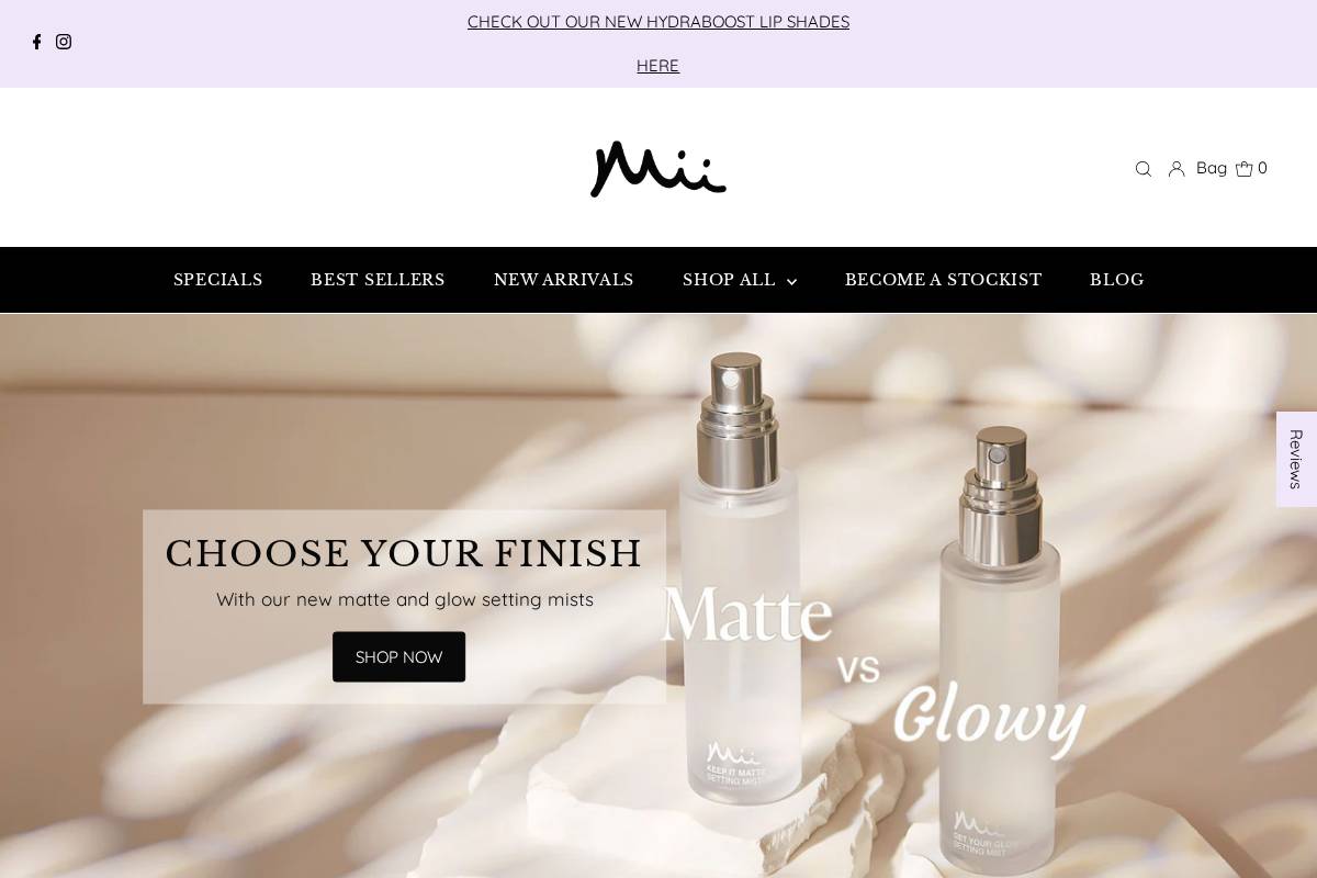 miicosmetics.com homepage screenshot