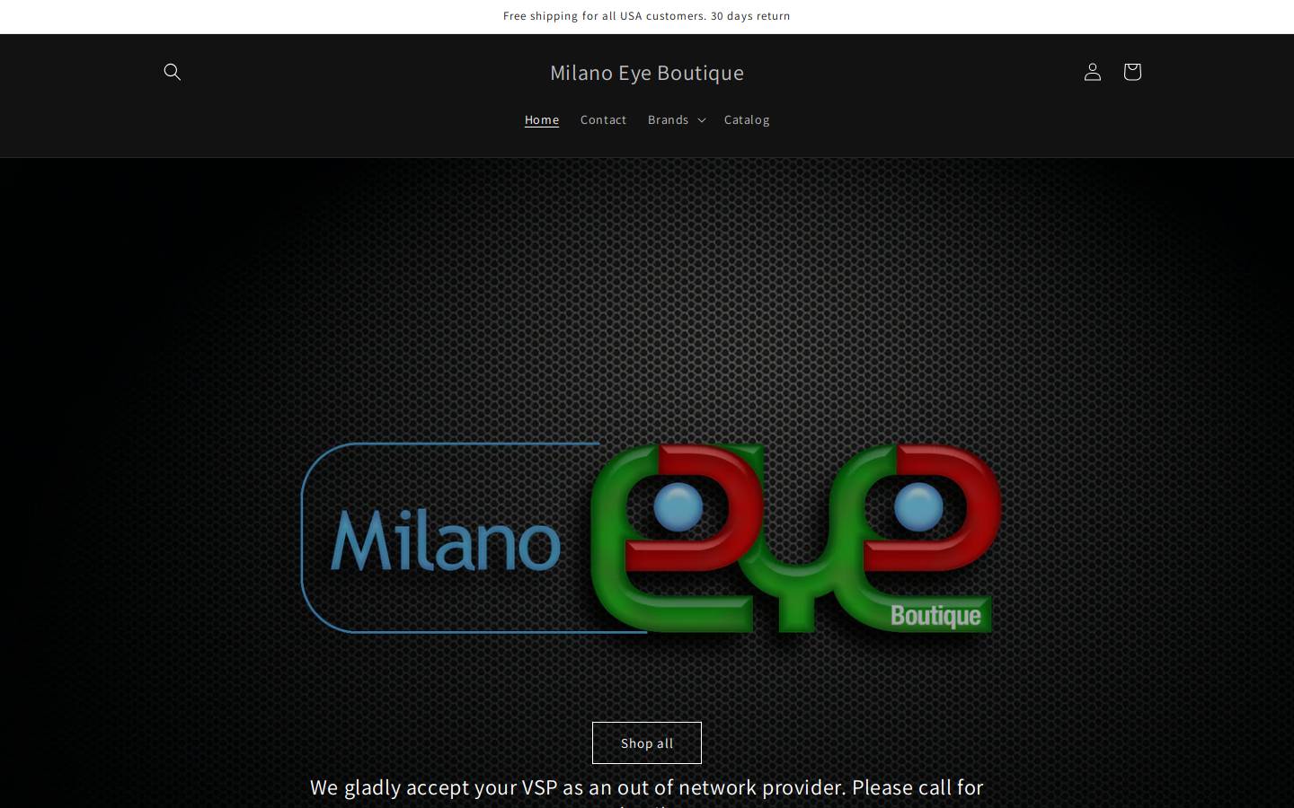 milanoeyeboutiqueoc.com homepage screenshot