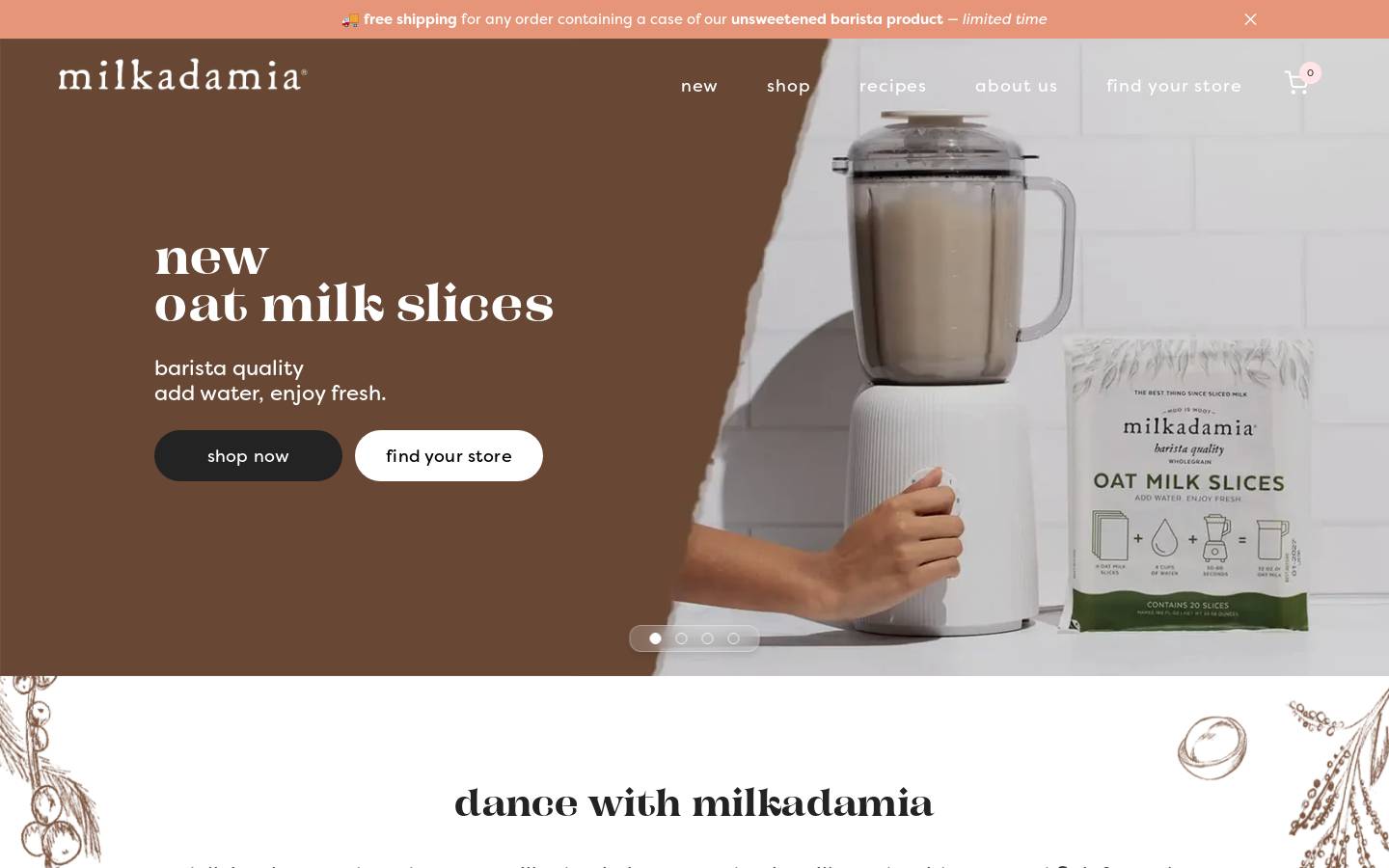 milkadamia.com homepage screenshot