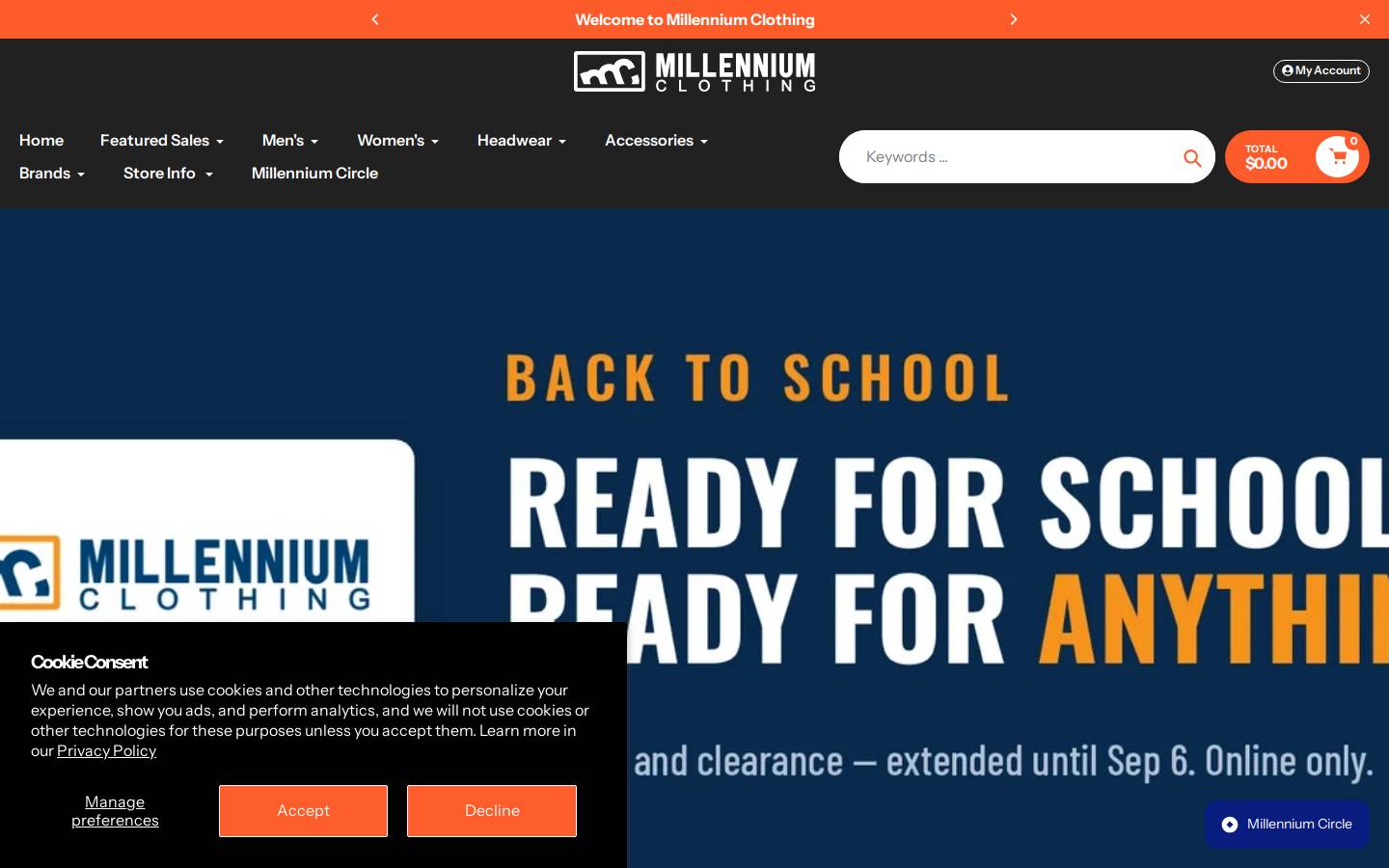 millenniumclothing.com homepage screenshot