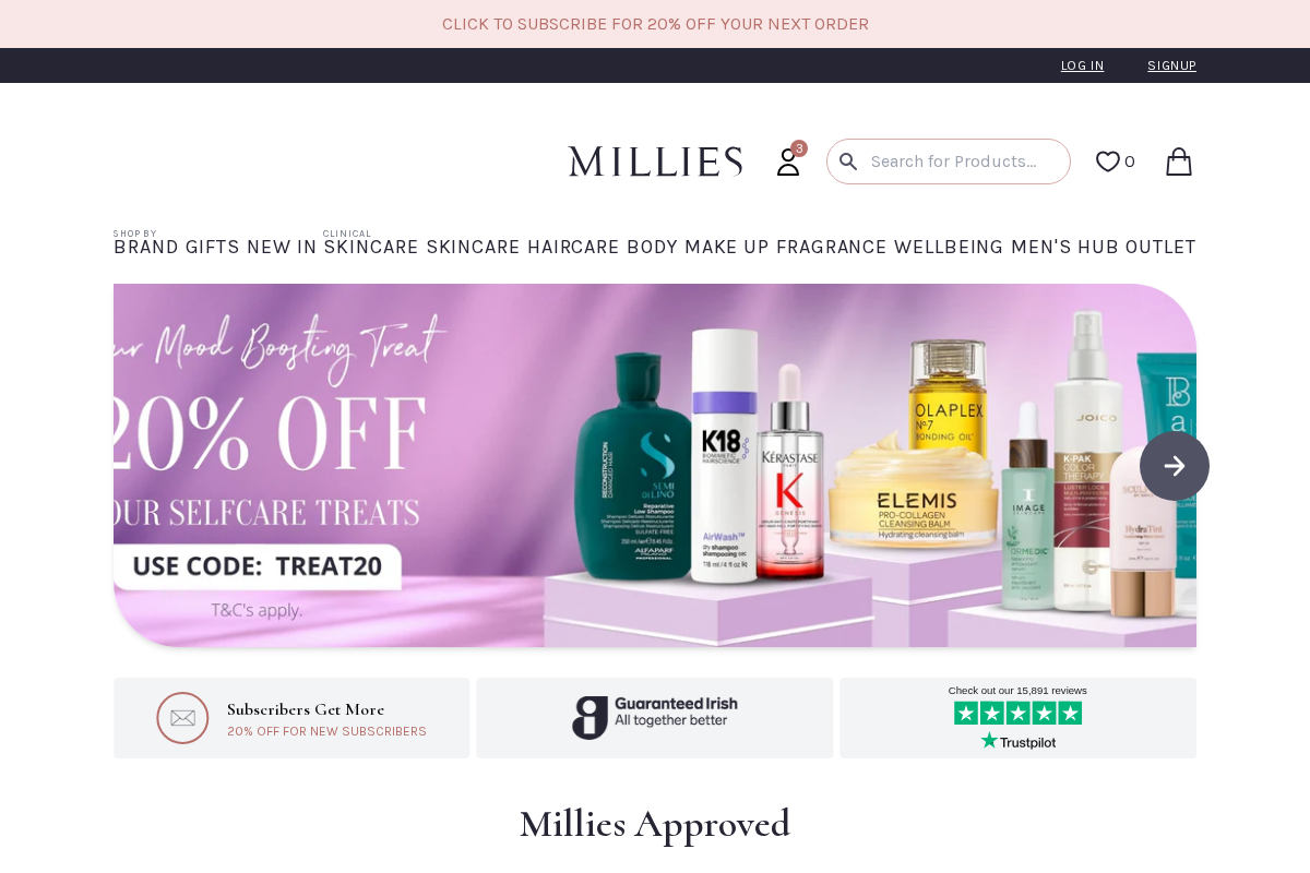 Millies.ie homepage screenshot