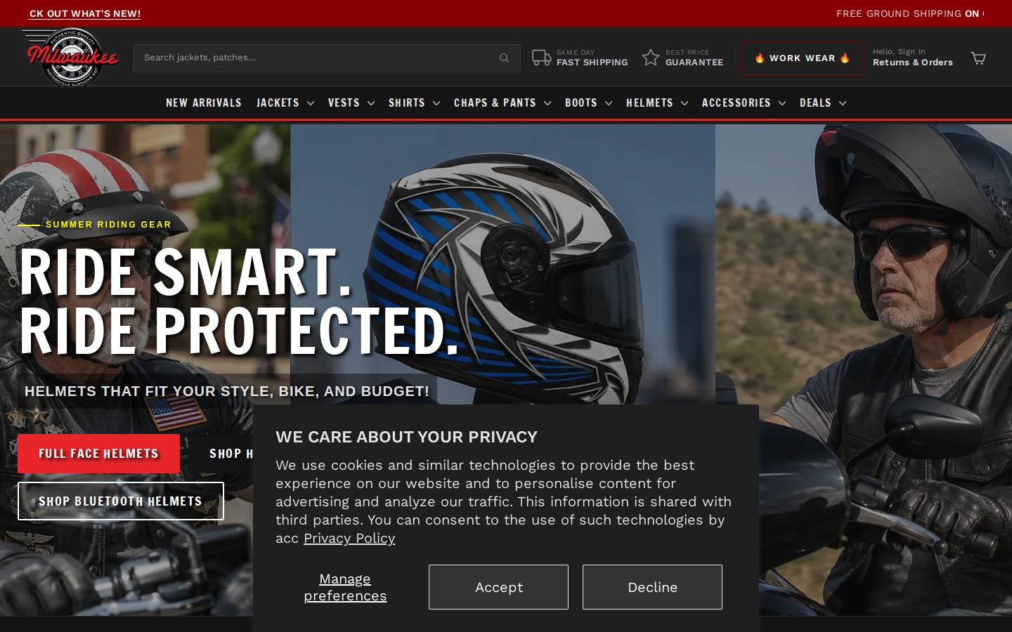 milwaukeemotorcycleclothing.com homepage screenshot