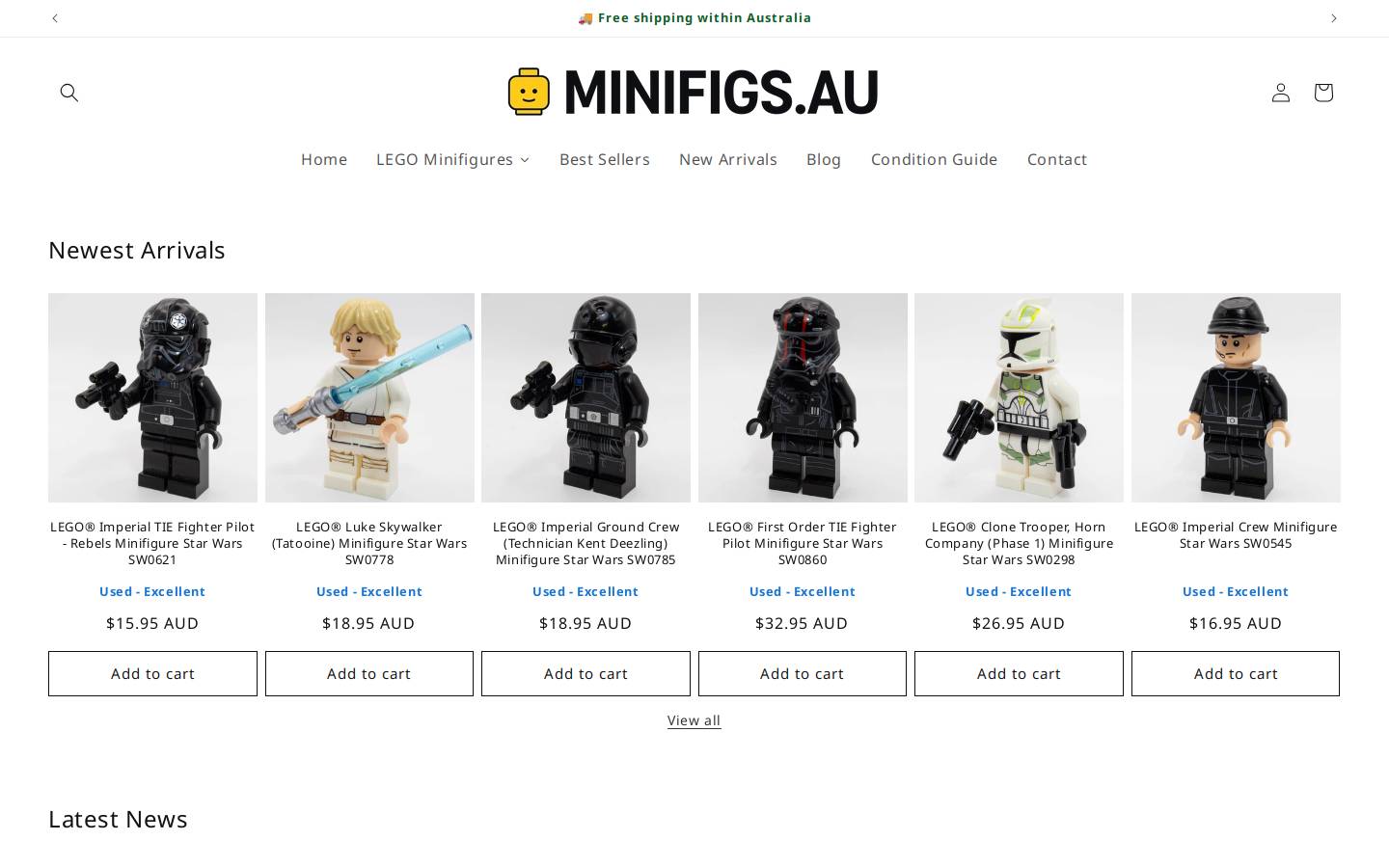 minifigs.com.au homepage screenshot