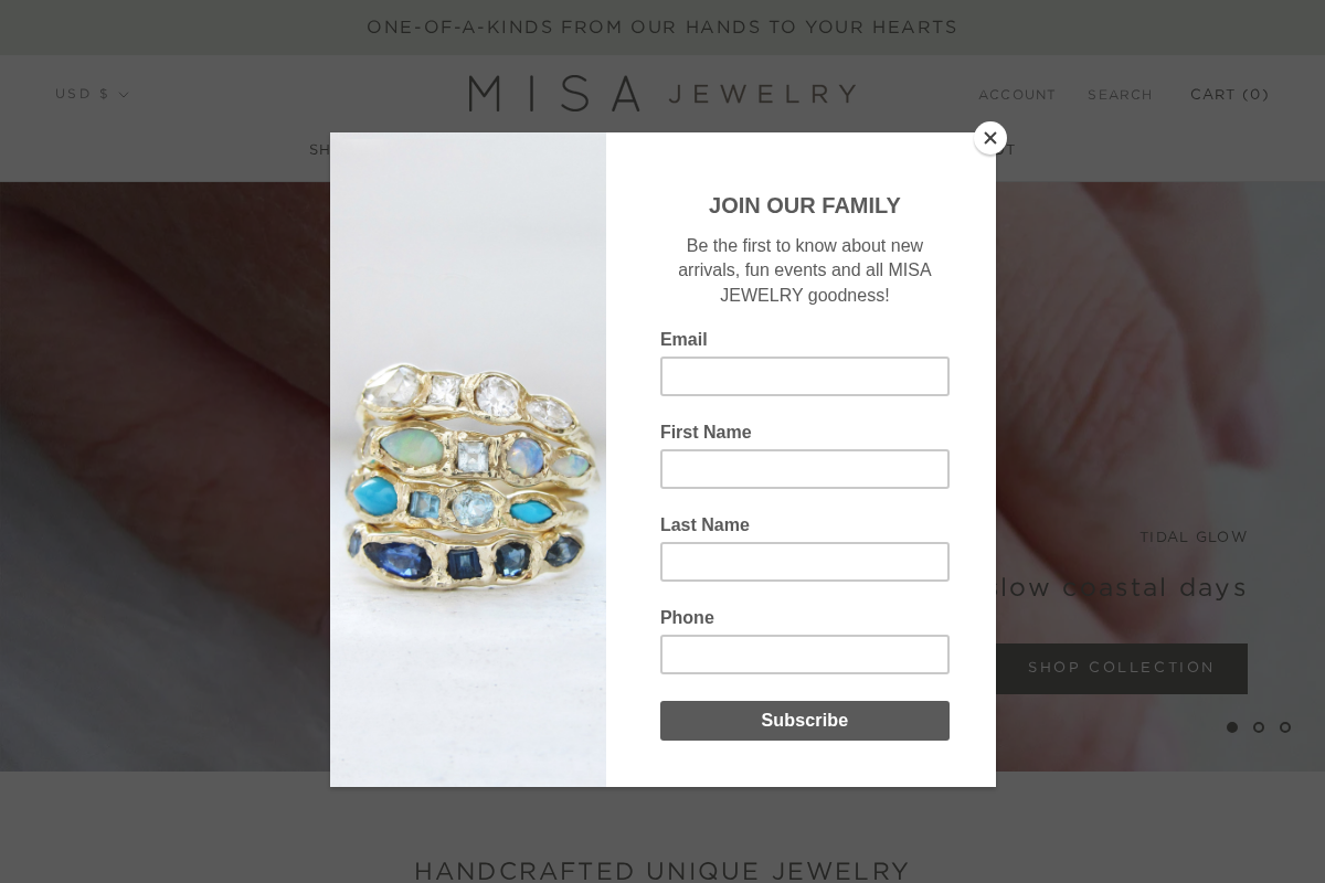 Misa Jewelry homepage screenshot
