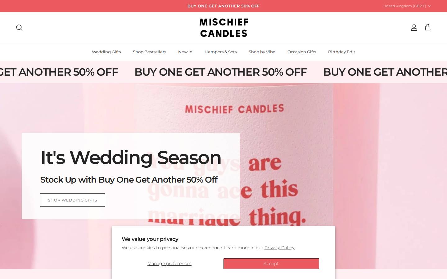 mischiefcandles.com homepage screenshot