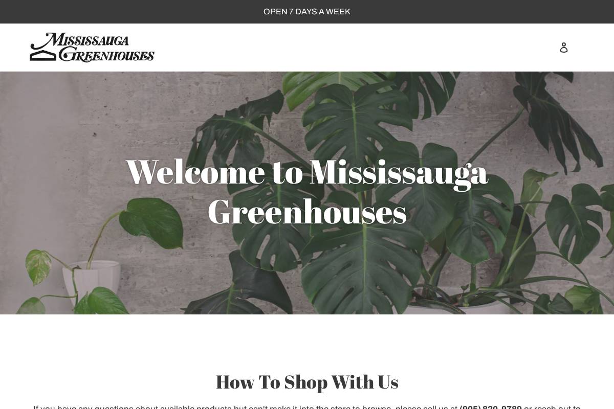 mississaugagreenhouses.com homepage screenshot