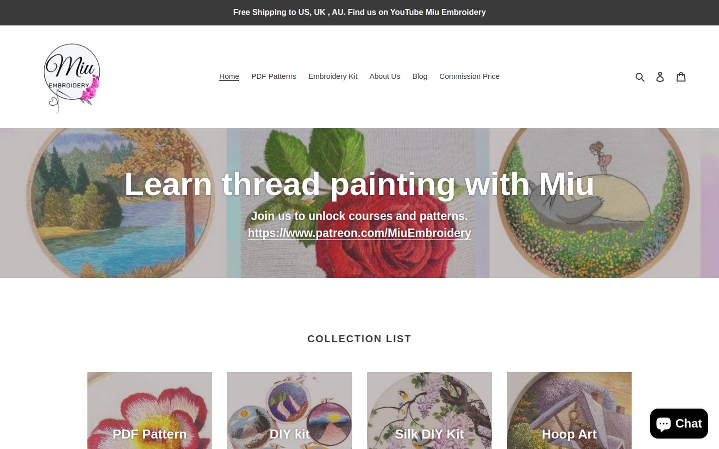 miuembroidery.com homepage screenshot