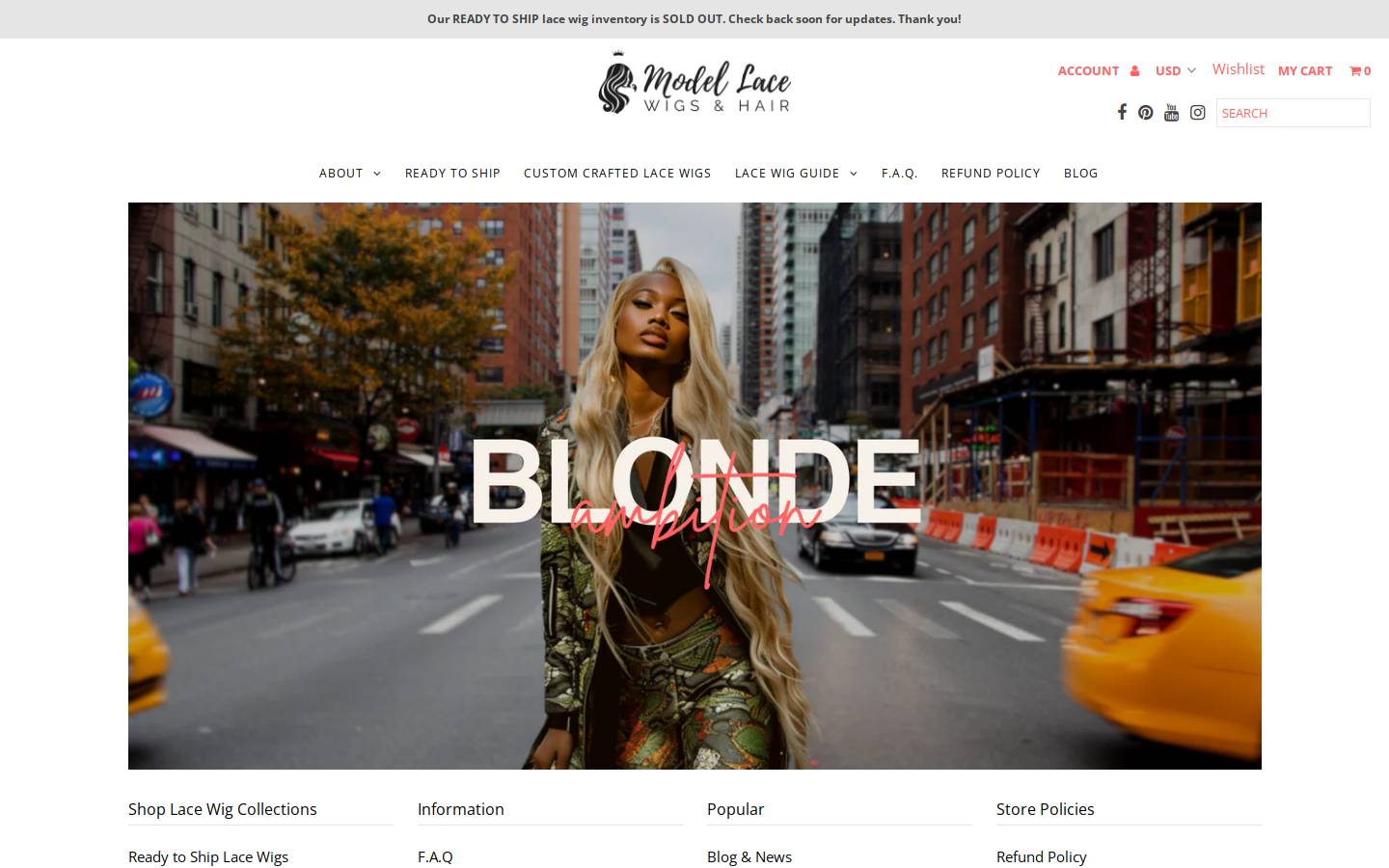 modellacewigsandhair.com homepage screenshot