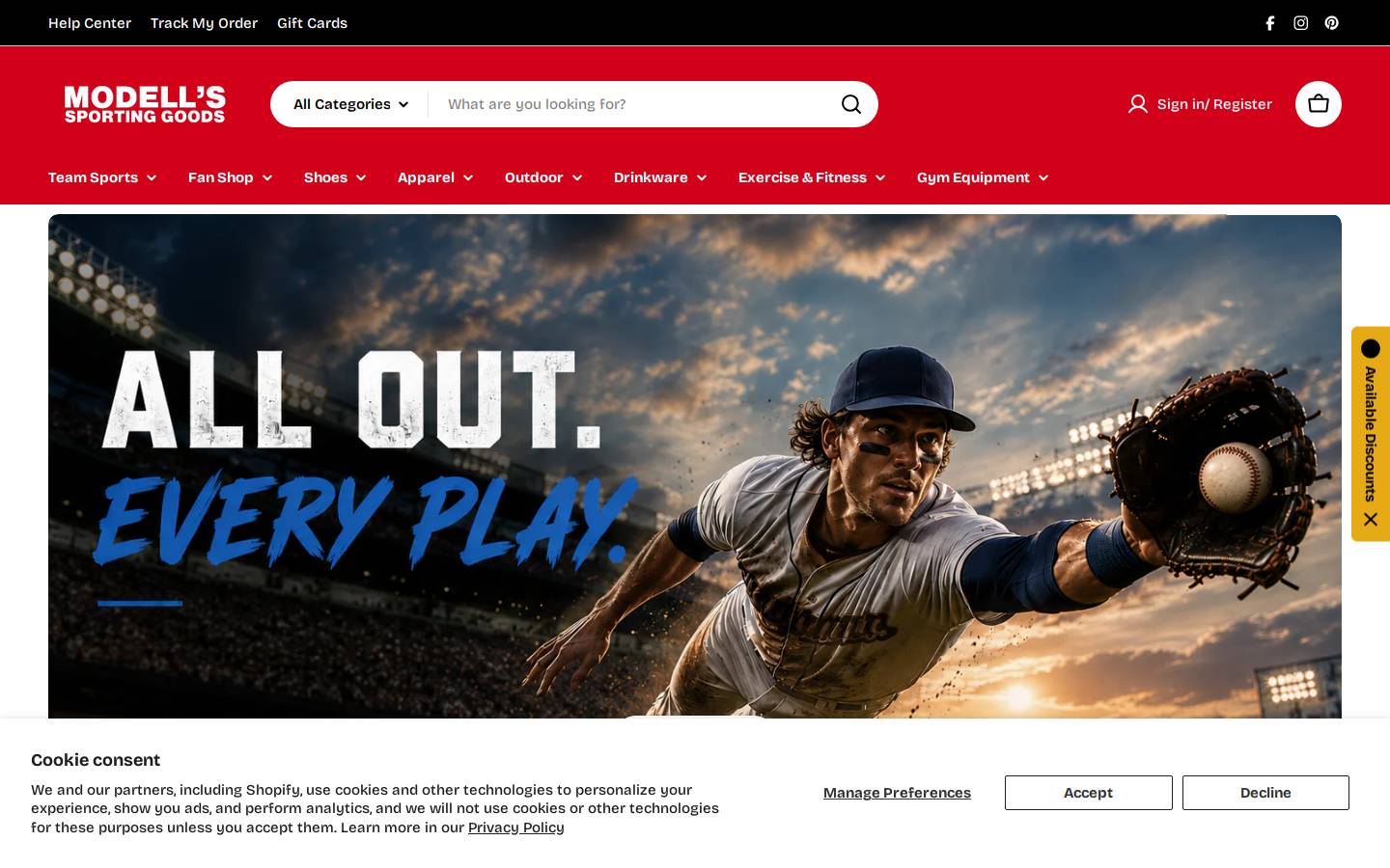 Modell's Sporting Goods homepage screenshot
