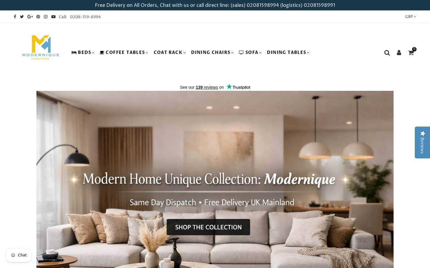 Modernique Furniture homepage screenshot