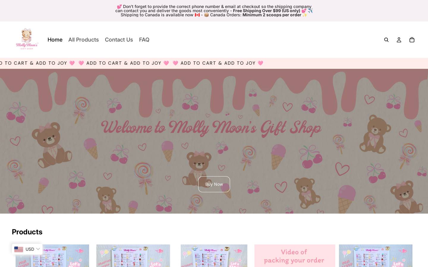 mollymoongiftshop.com homepage screenshot