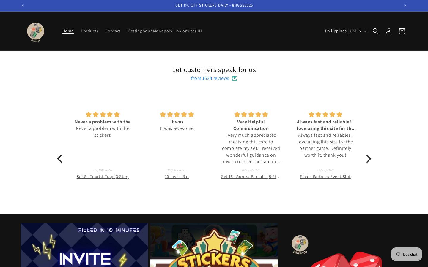 monopolystickergo.store homepage screenshot