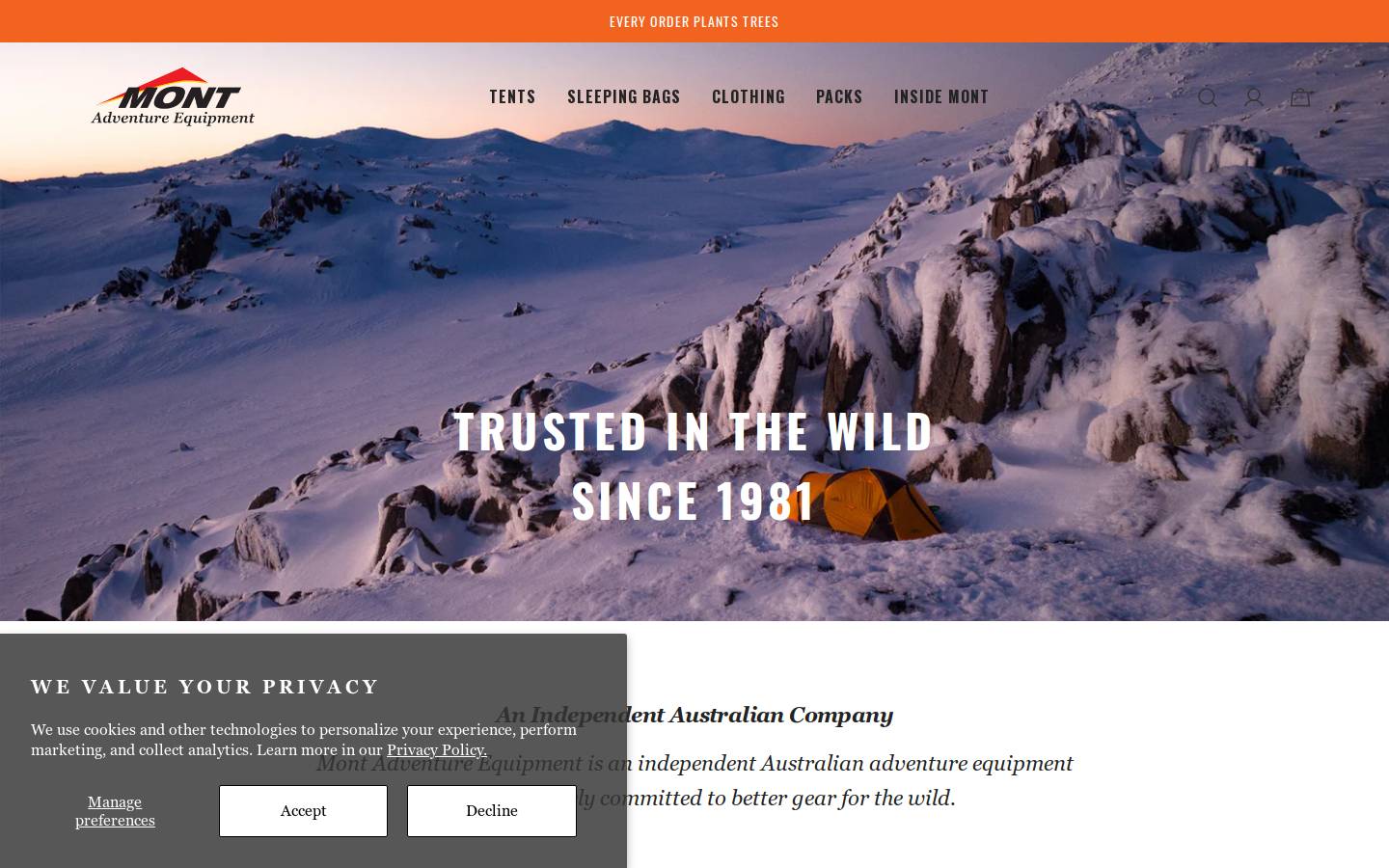 Mont Adventure Equipment homepage screenshot
