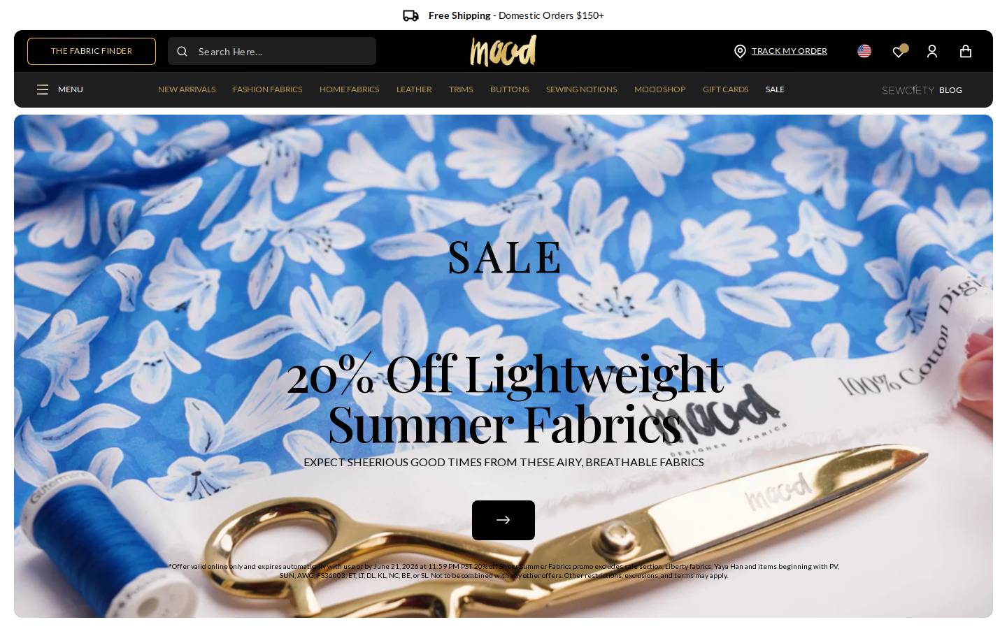 Mood Fabrics homepage screenshot