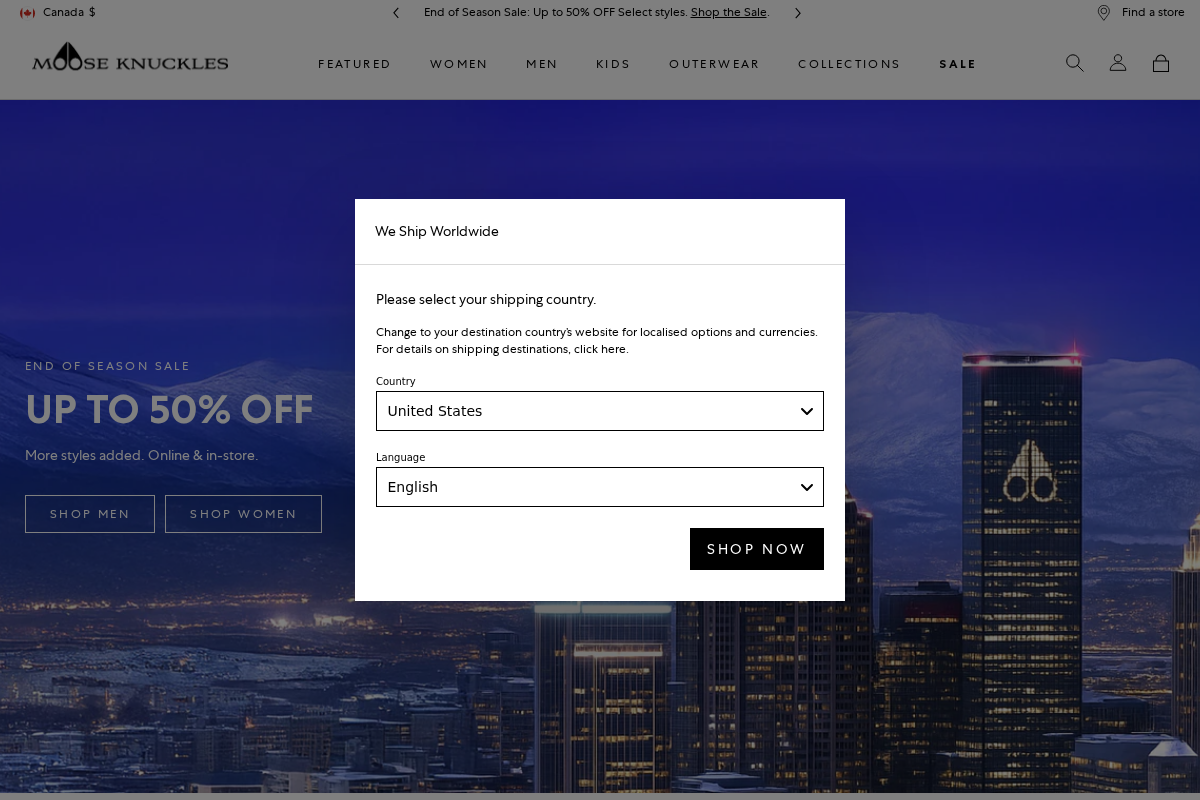 Moose Knuckles Canada homepage screenshot