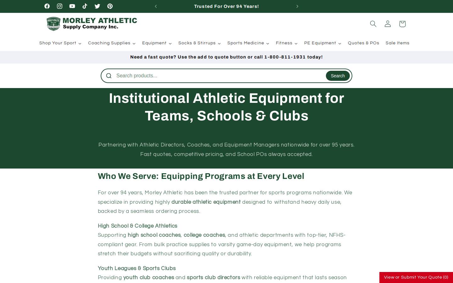 Morley Athletic Supply homepage screenshot