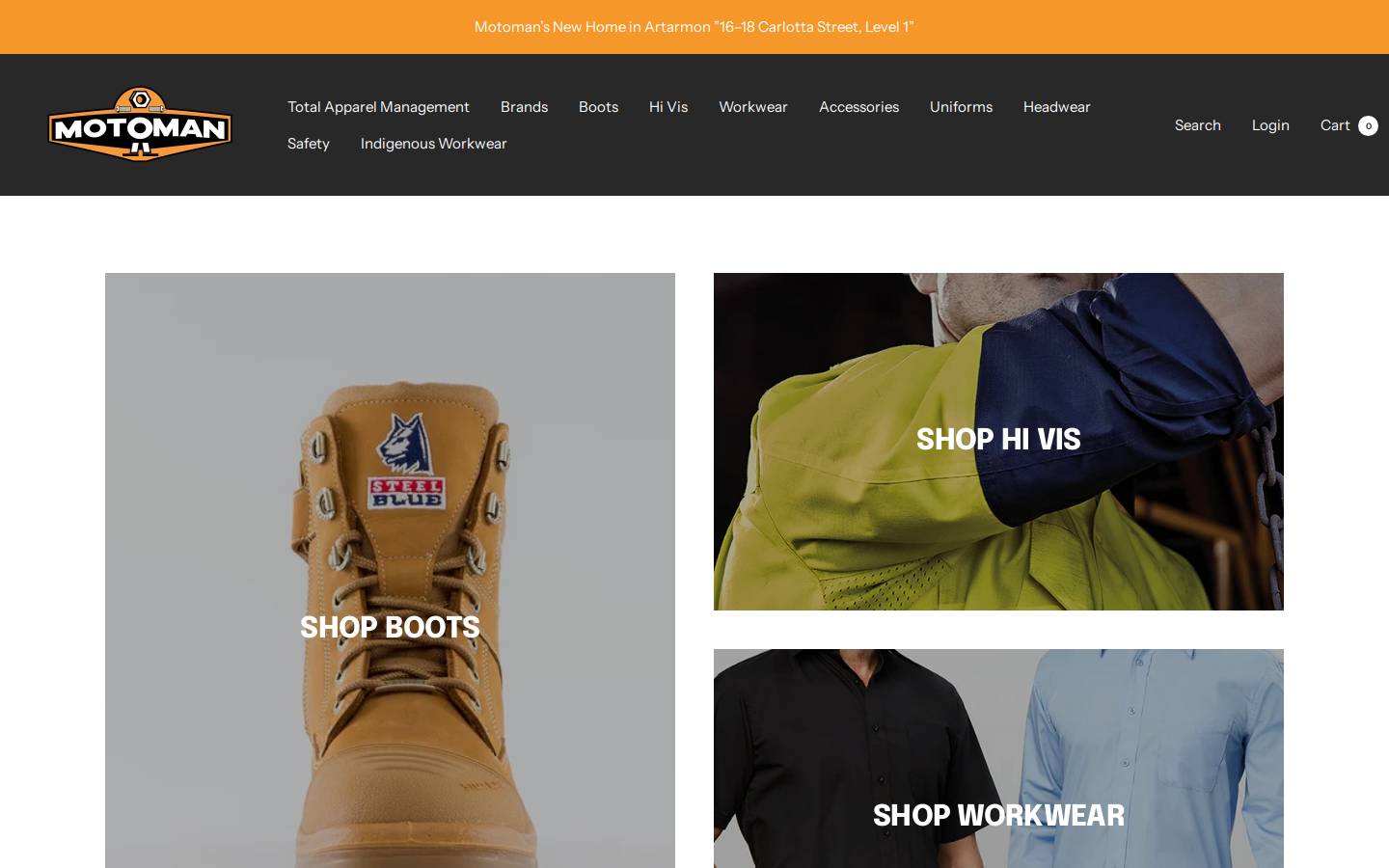 Motoman Industrial Wear homepage screenshot