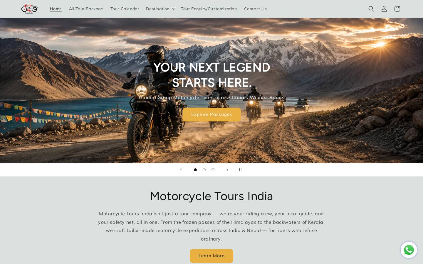 Motorcycletoursindia homepage screenshot