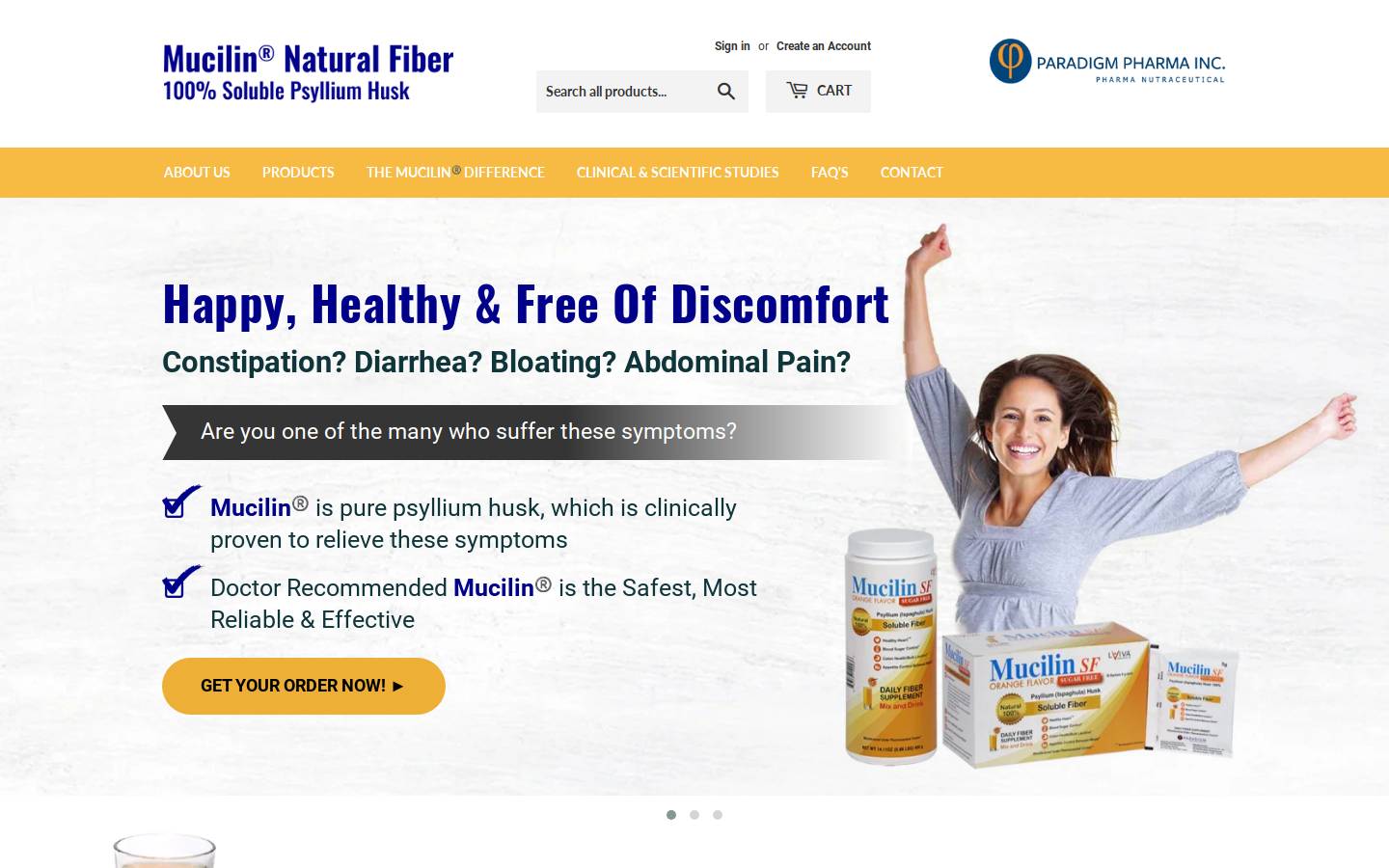 mucilinfiber.com homepage screenshot
