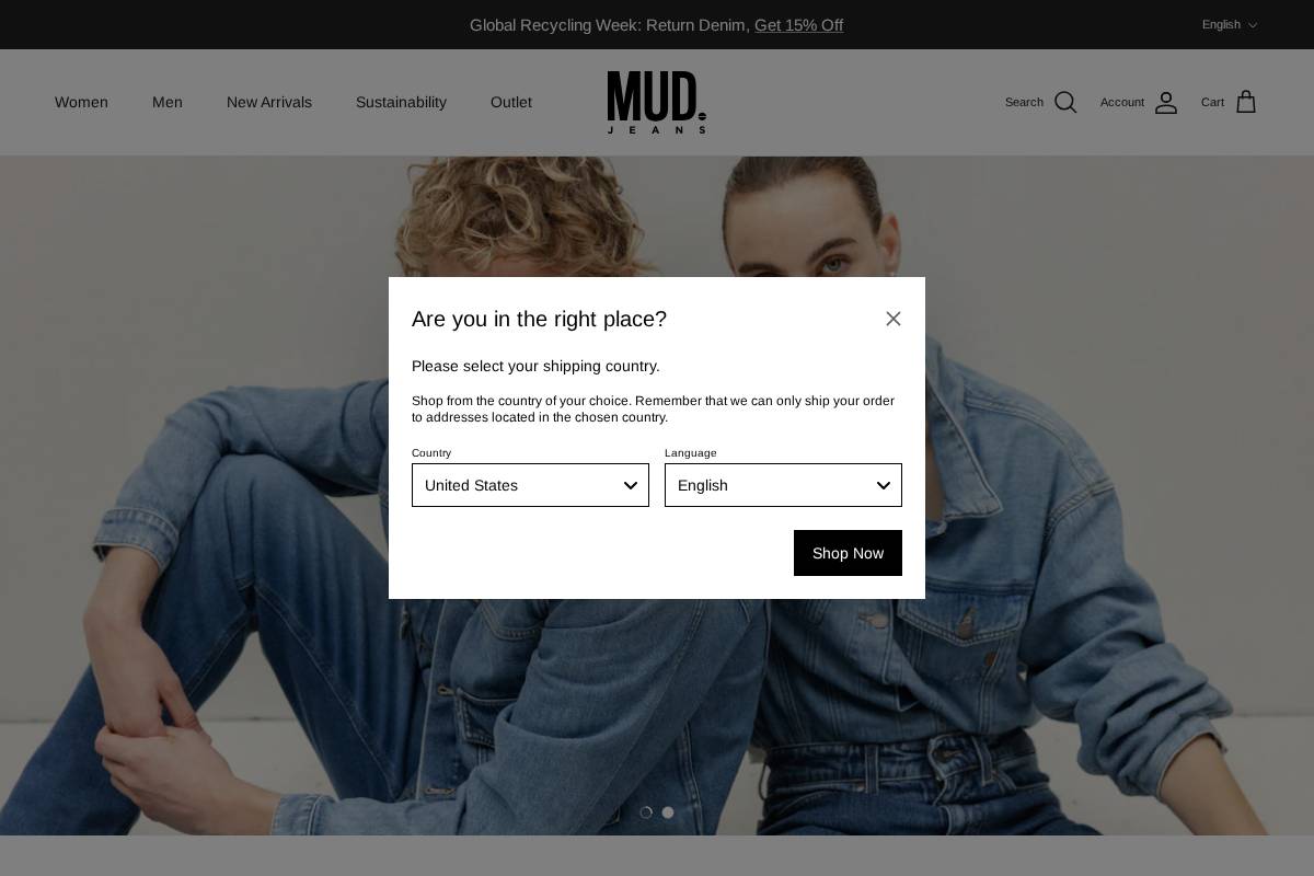 Mudjeans homepage screenshot