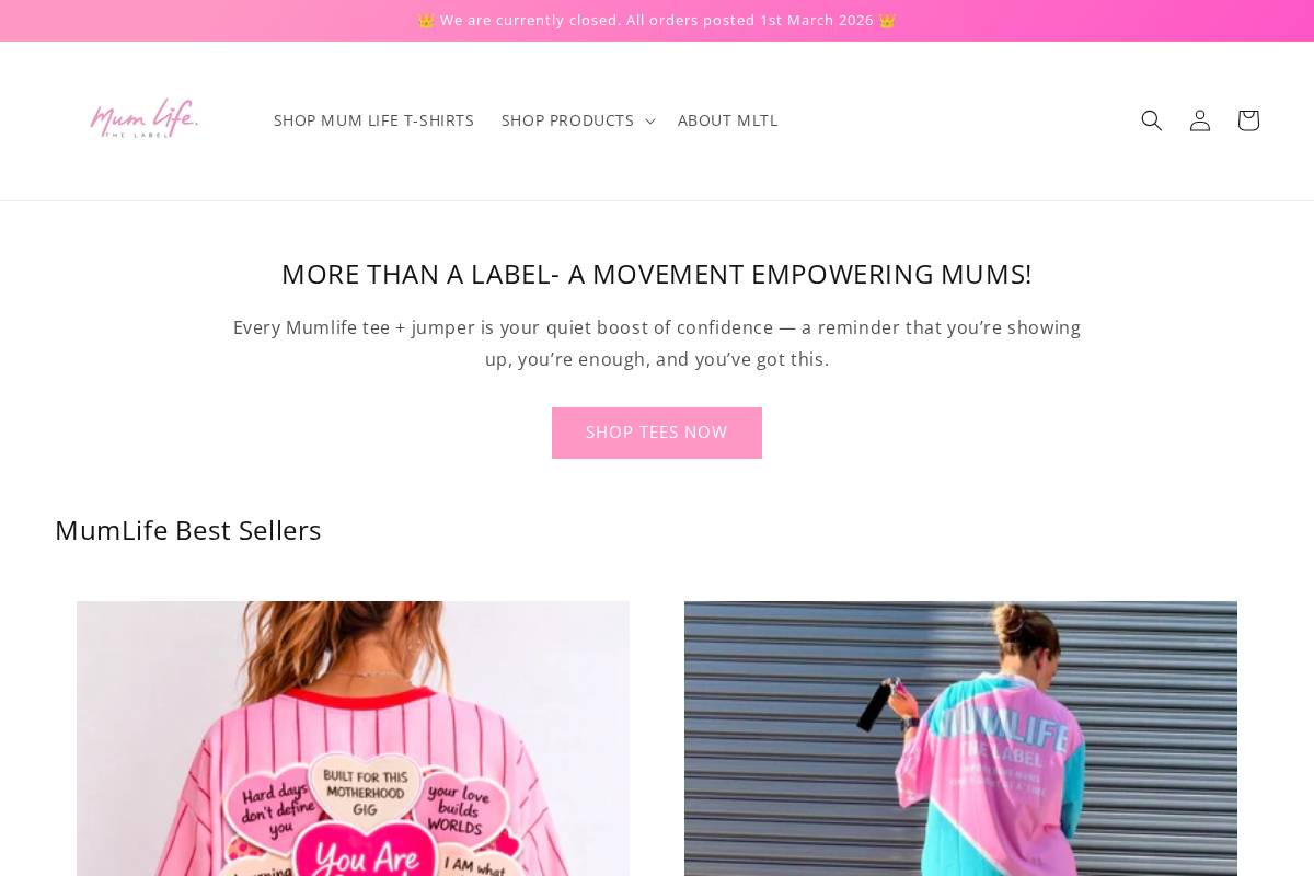 mumlifethelabel.com homepage screenshot