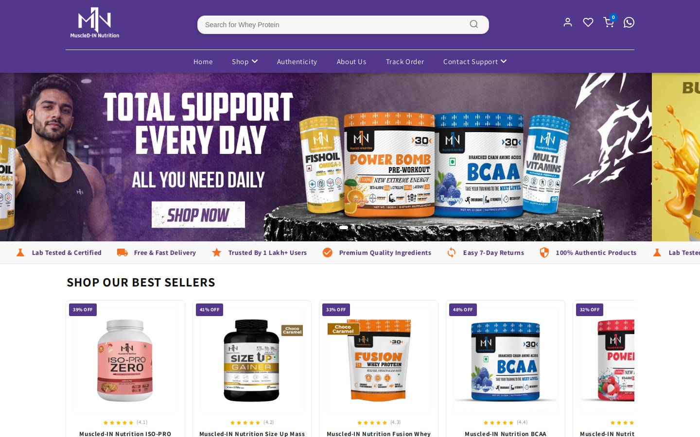 muscledinnutrition.com homepage screenshot