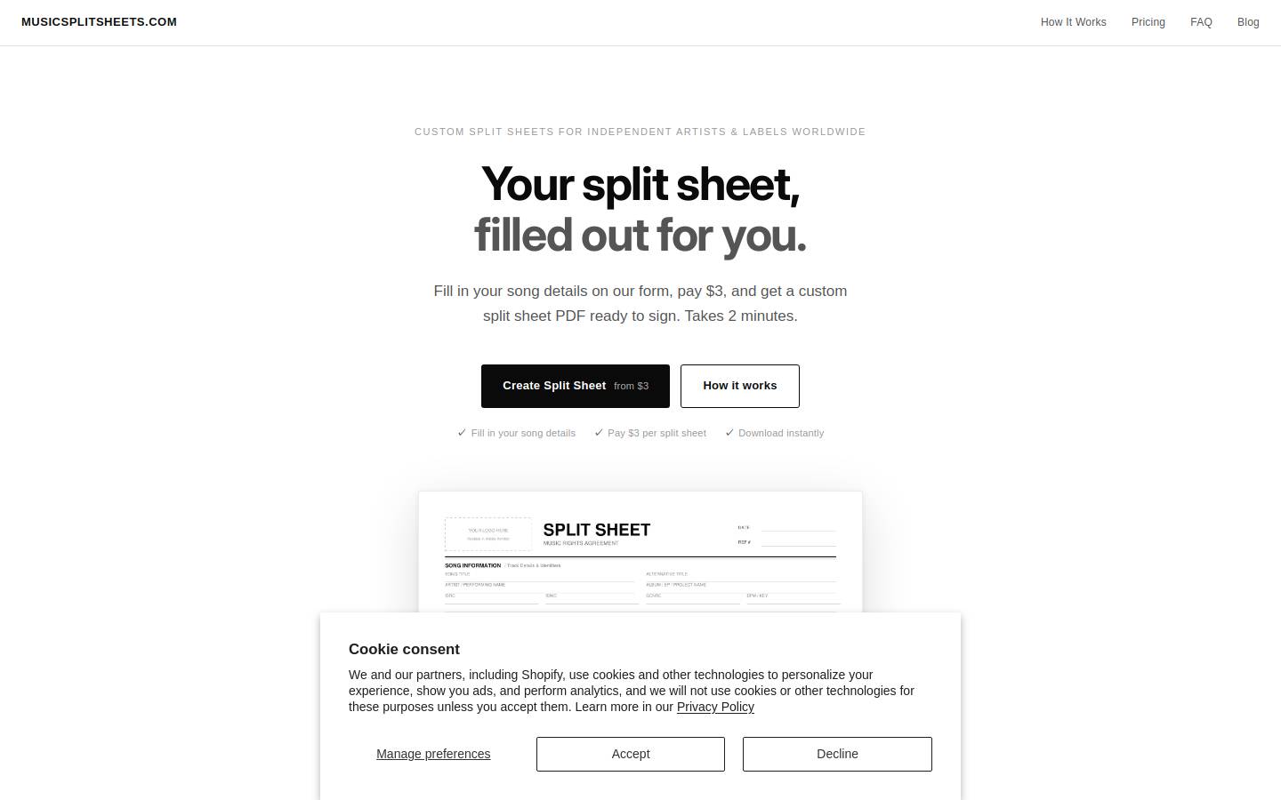 musicsplitsheets.com homepage screenshot