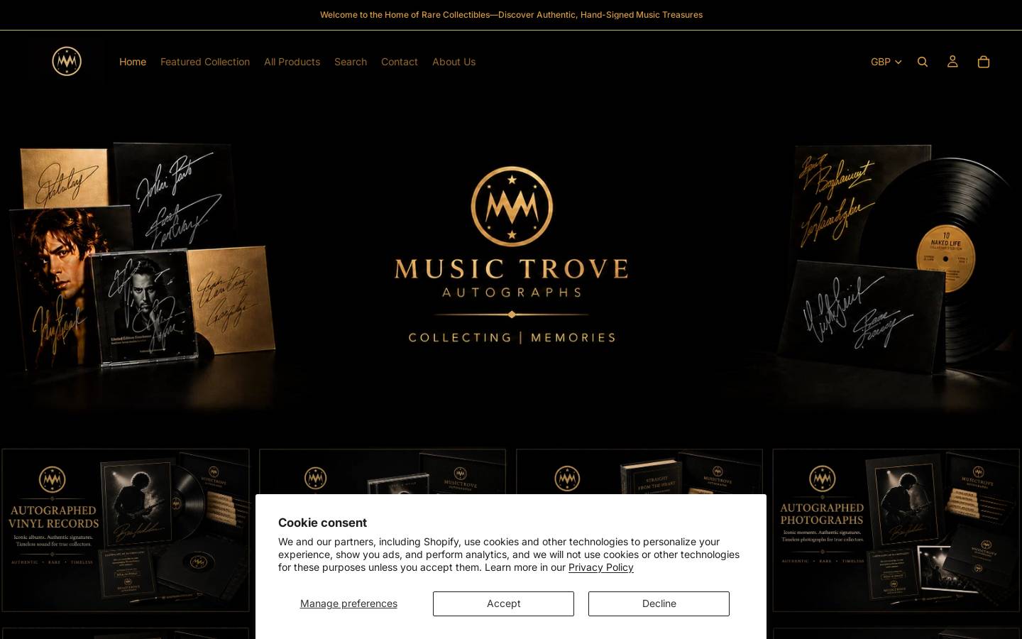 musictroveautographs.com homepage screenshot