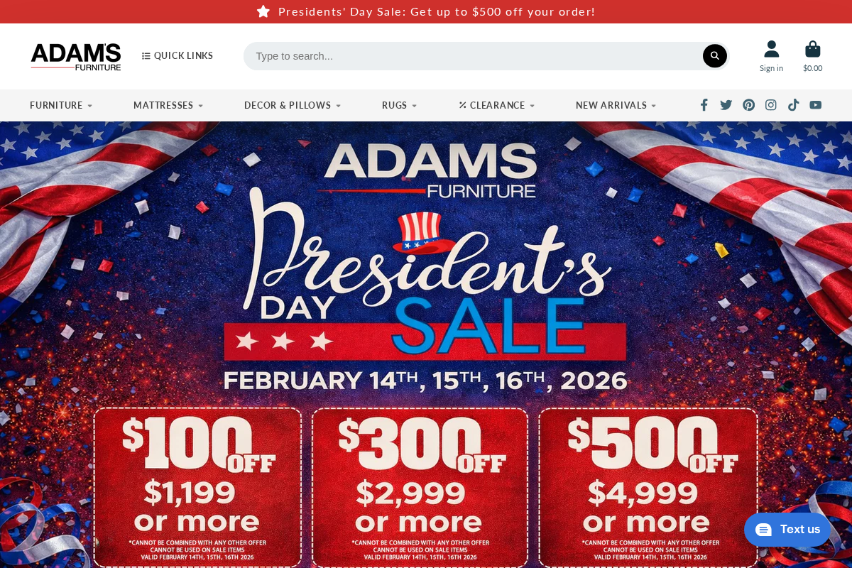 Adams Furniture homepage screenshot