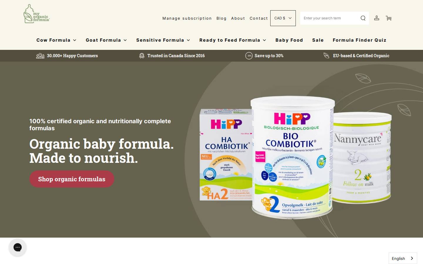 My Organic Formula homepage screenshot