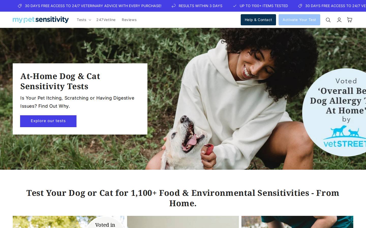 My Pet Sensitivity homepage screenshot