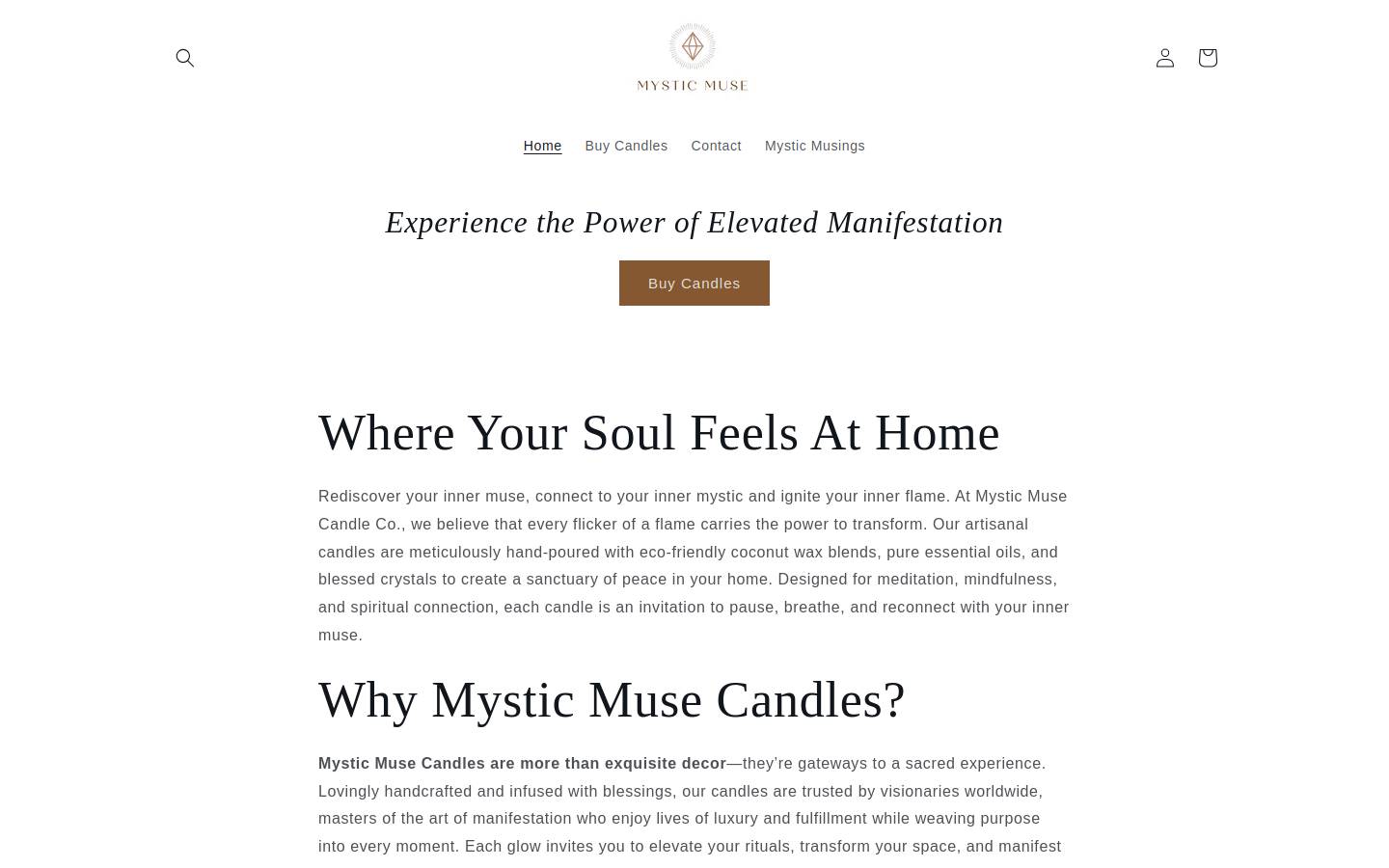 mysticmusecandles.com homepage screenshot