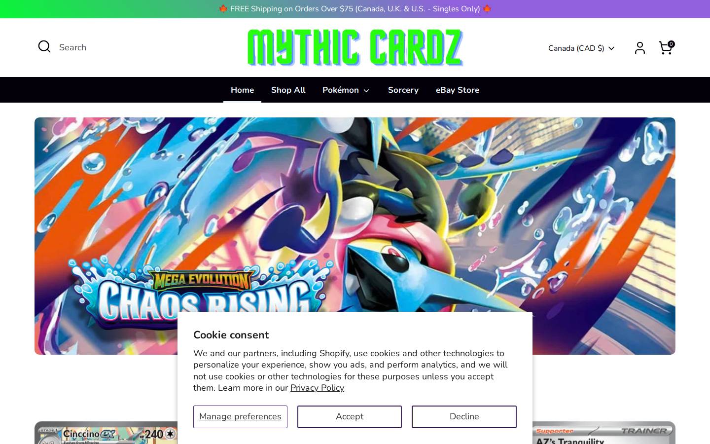 mythiccardz.com homepage screenshot