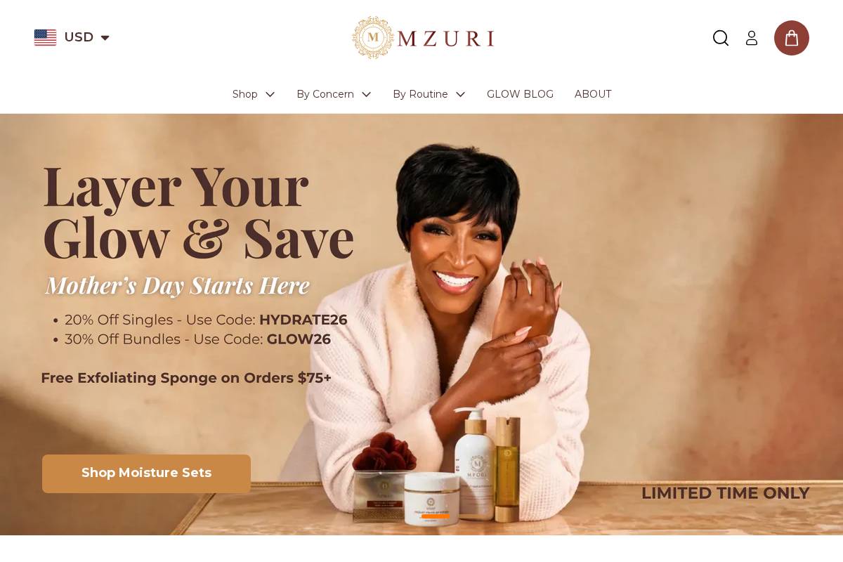 mzuricosmetics.com homepage screenshot