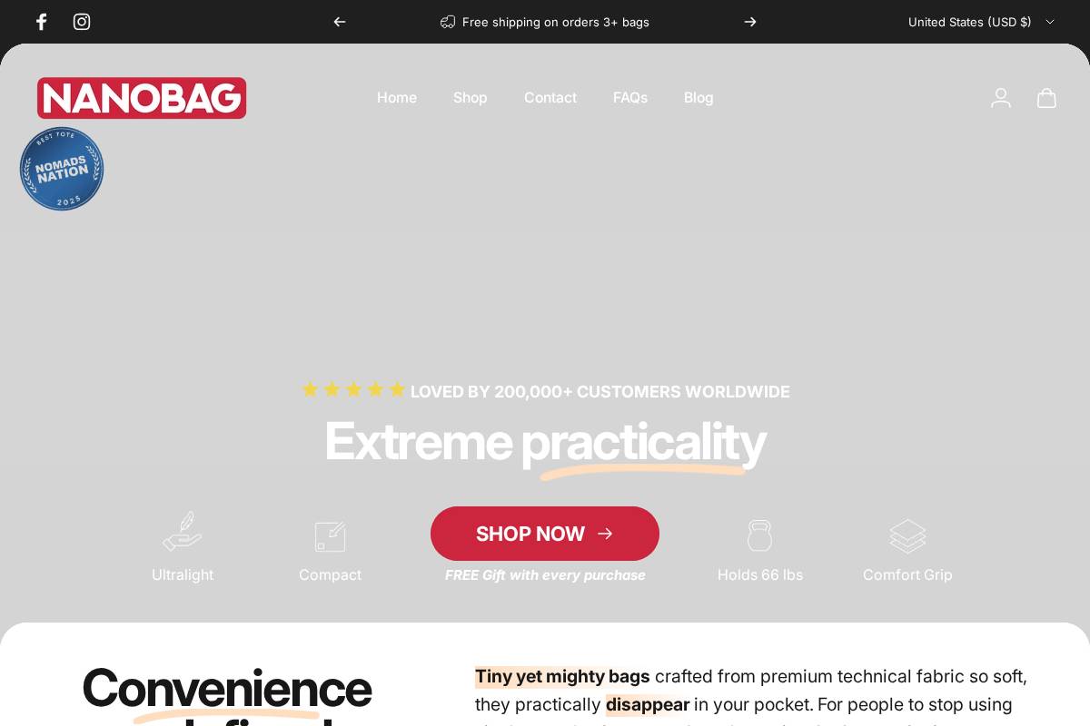 Nanobag homepage screenshot