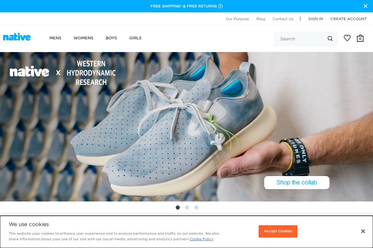 Native Shoes homepage screenshot