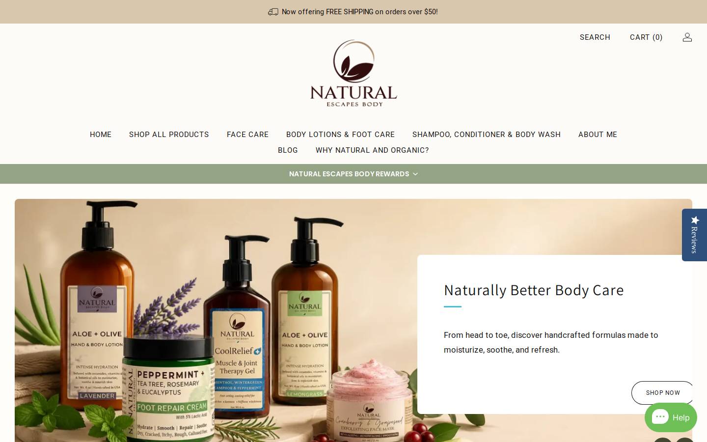 naturalescapesbody.com homepage screenshot