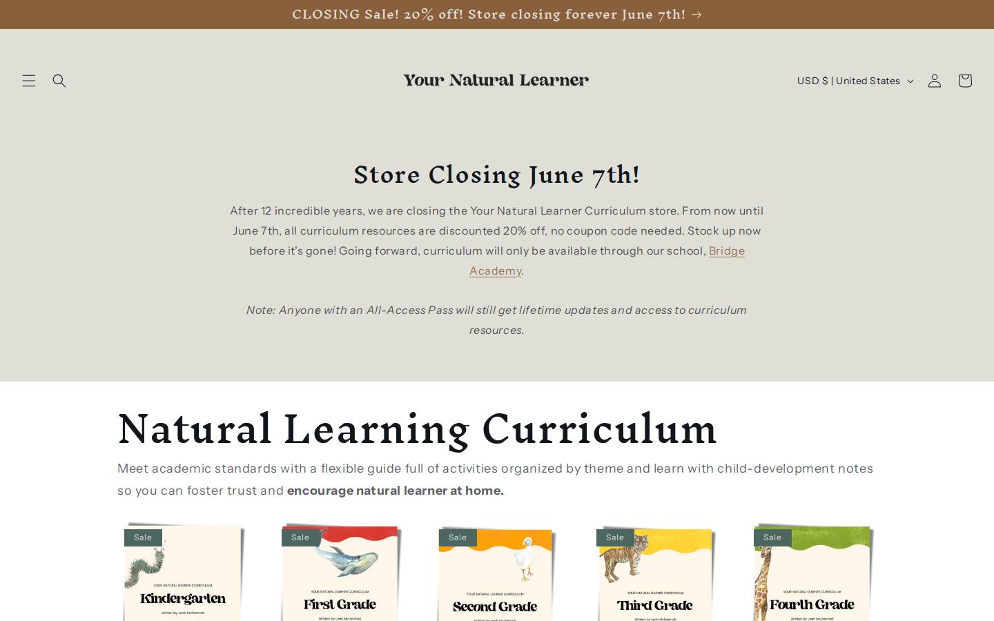 naturallearningshop.com homepage screenshot