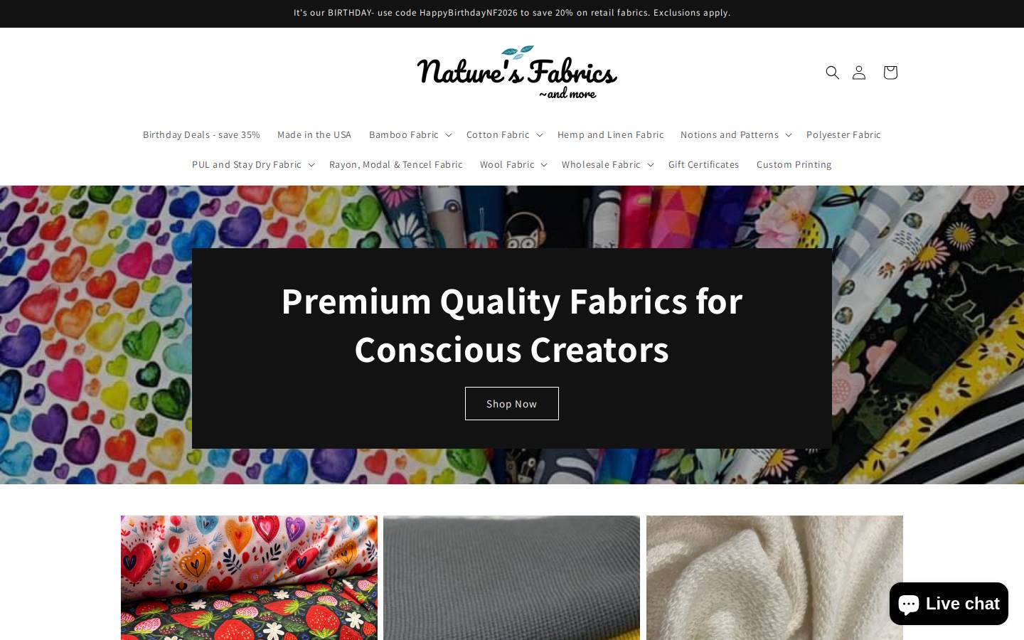 Nature's Fabrics homepage screenshot
