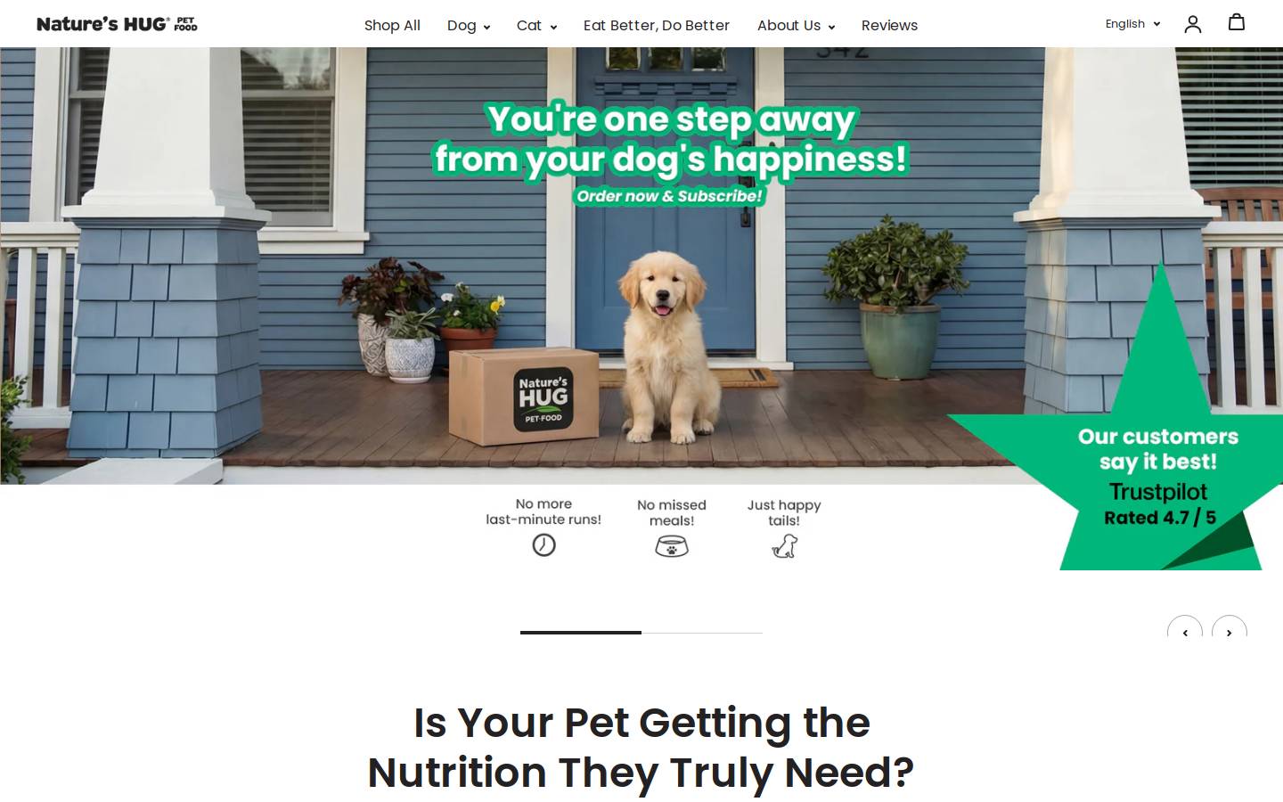 Nature's HUG Pet Food homepage screenshot