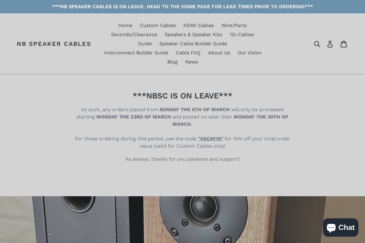 nbspeakercables.com.au homepage screenshot