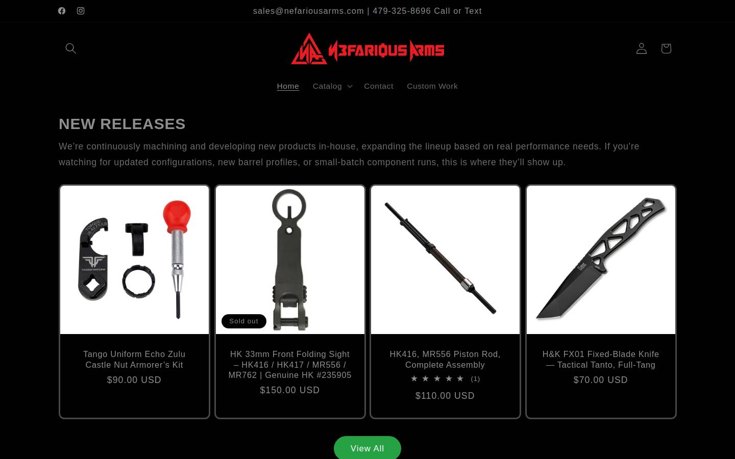 nefariousarms.com homepage screenshot
