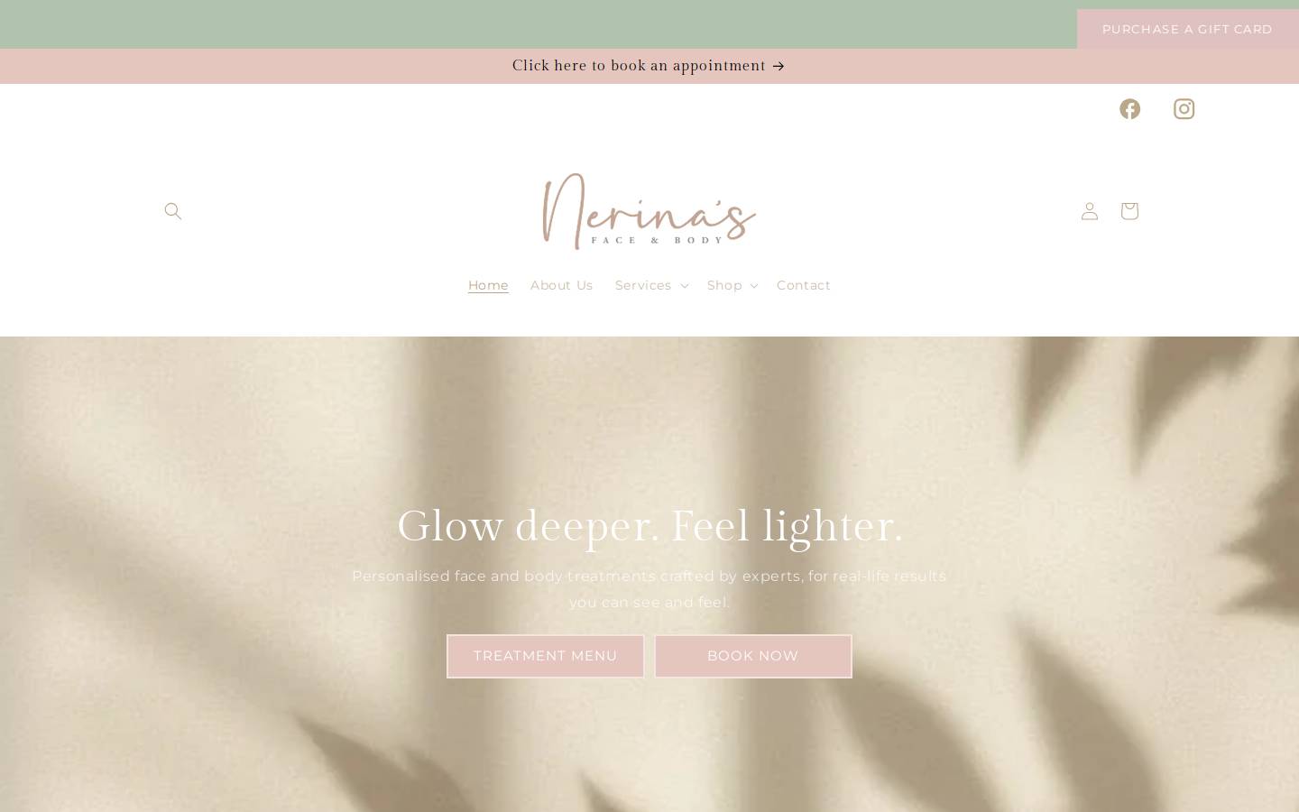 nerinasfaceandbody.com homepage screenshot