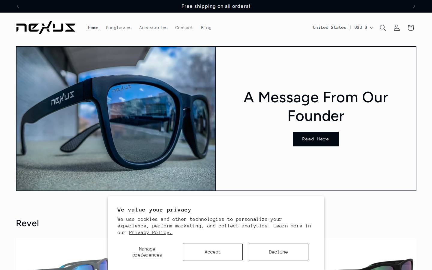 nexussunglasses.com homepage screenshot