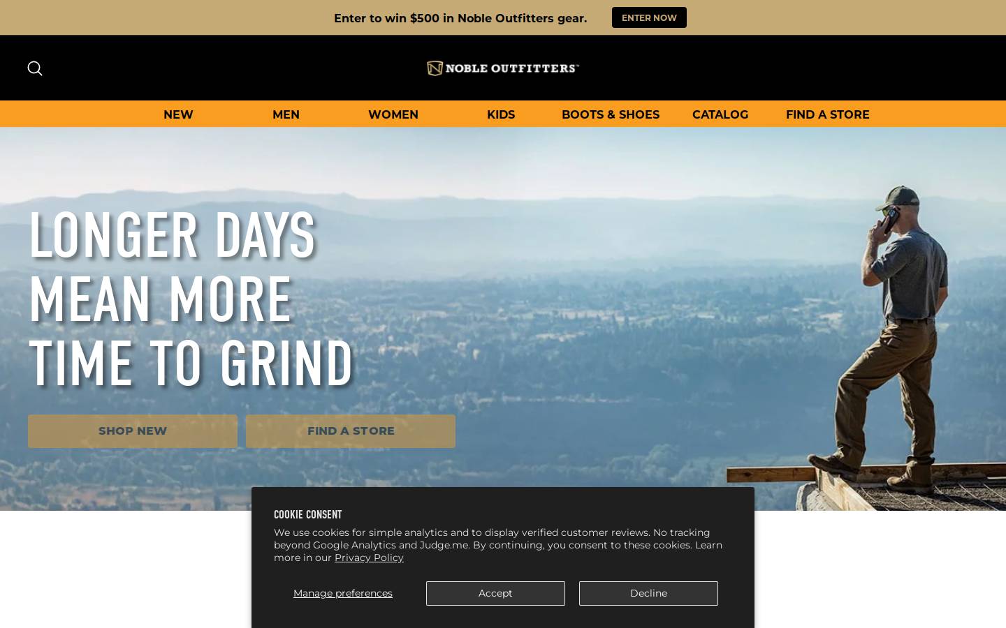 Noble Outfitters homepage screenshot
