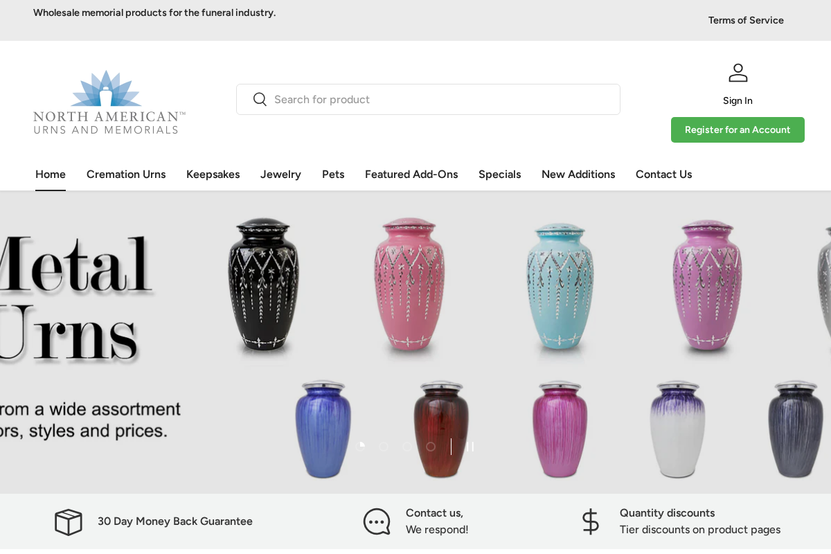 North American Urns and Memorials homepage screenshot