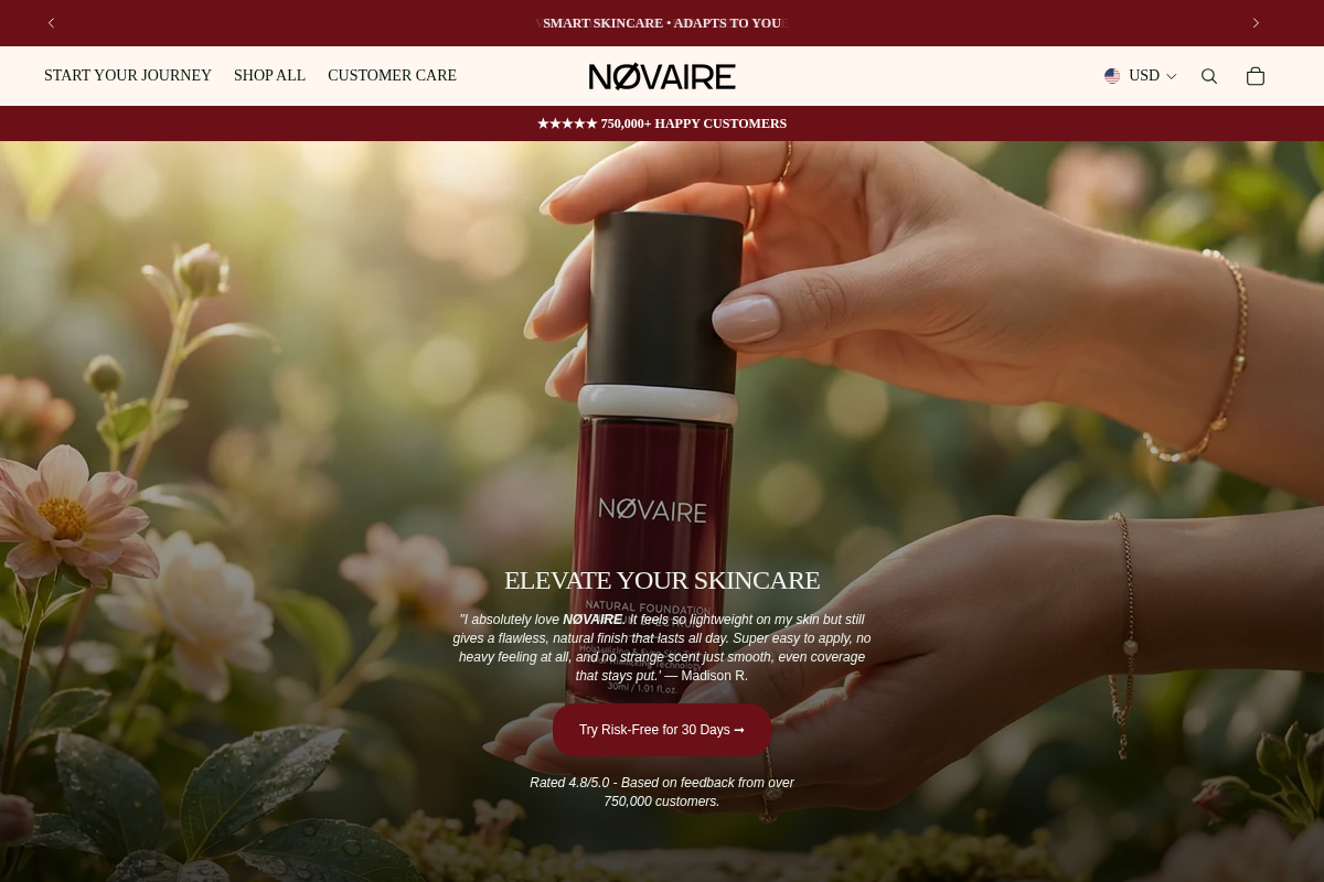 NØVAIRE SKINCARE homepage screenshot