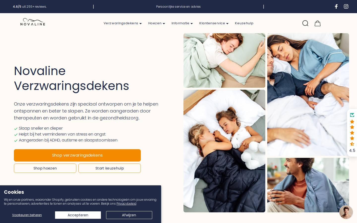 Novaline Verzwaringsdekens homepage screenshot