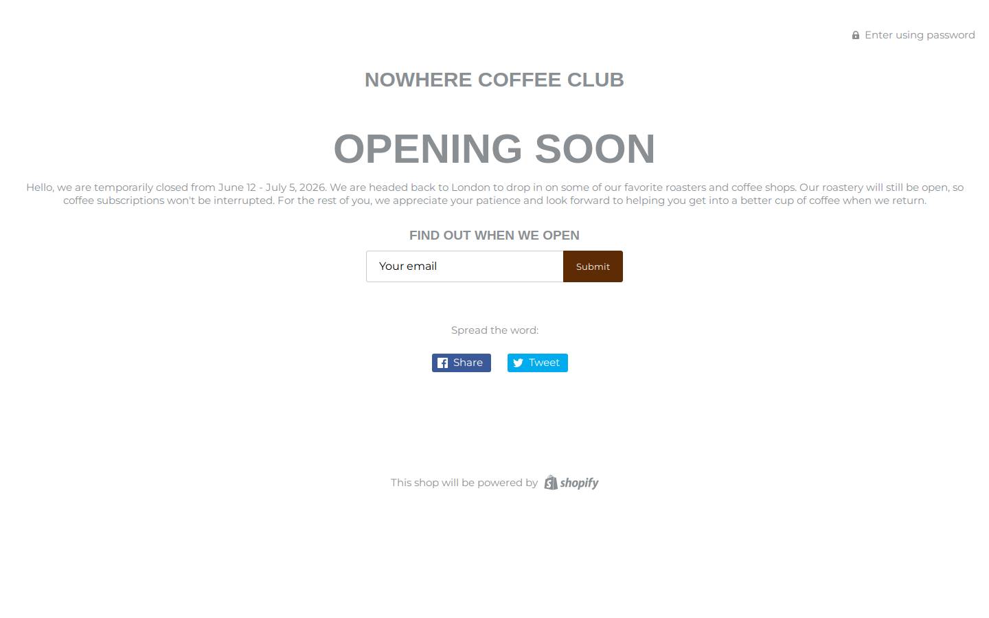 nowherecoffeeclub.com homepage screenshot
